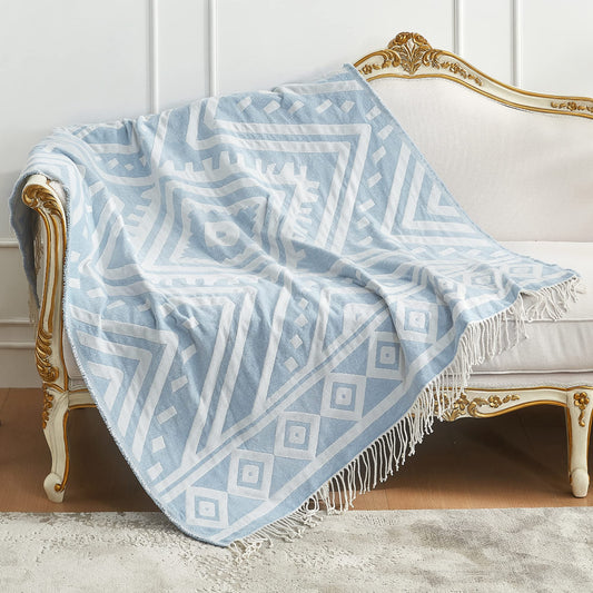 Soft and Cozy Chenille Jacquard Woven Throw Blanket - Retro Boho Design with Tassels for Couch, Bed, Outdoor - Light Blue, 50x60 inches
