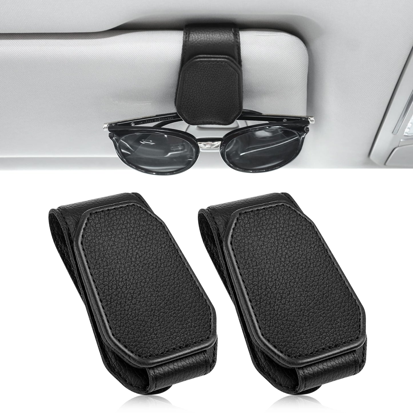 Sunglasses Holder for Car Sun Visor - Magnetic Leather Clip, 2 Pack Black