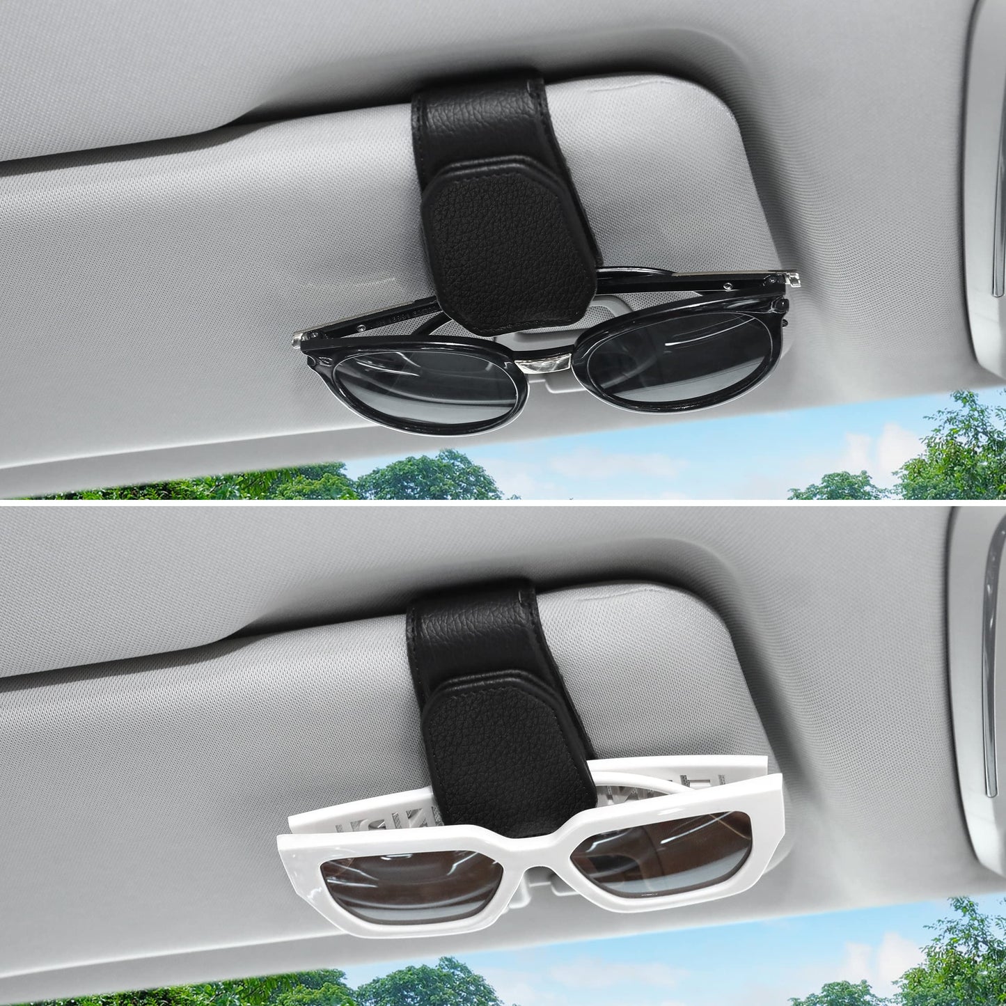 Sunglasses Holder for Car Sun Visor - Magnetic Leather Clip, 2 Pack Black