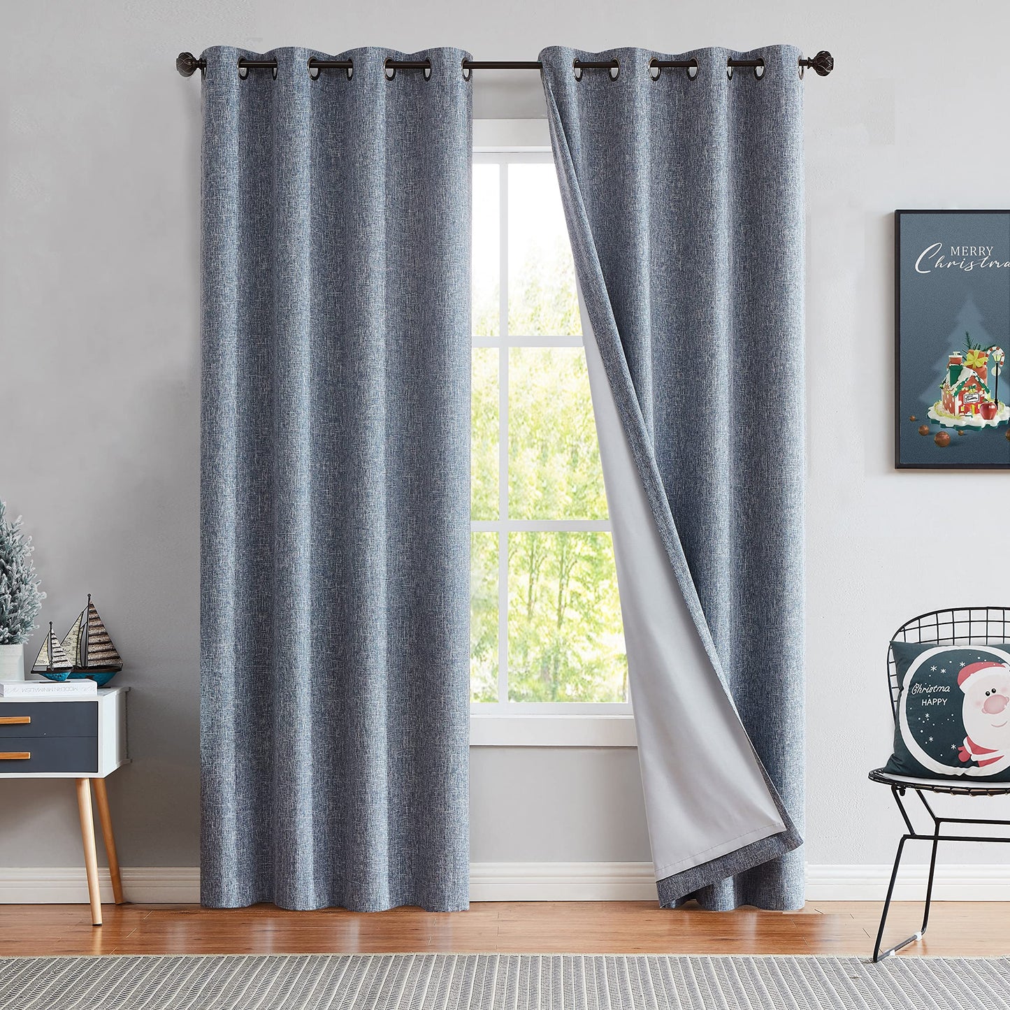 1 Panel Navy Solid Moderate Blackout Curtain, Heavy Linen Texture, Room Darkening, Noise Reducing, 50"x95", 8 Grommets Top for Stylish Home Decor